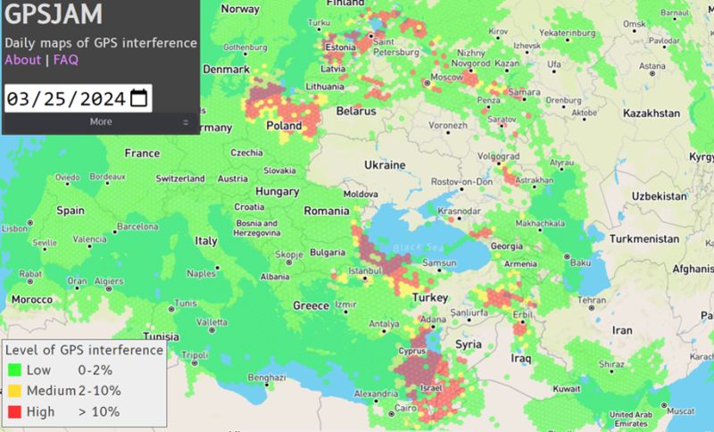 Map showing GPS interference levels in Europe, the Middle East, and surrounding regions on March 25, 2024, highlighting areas of high jamming activity.