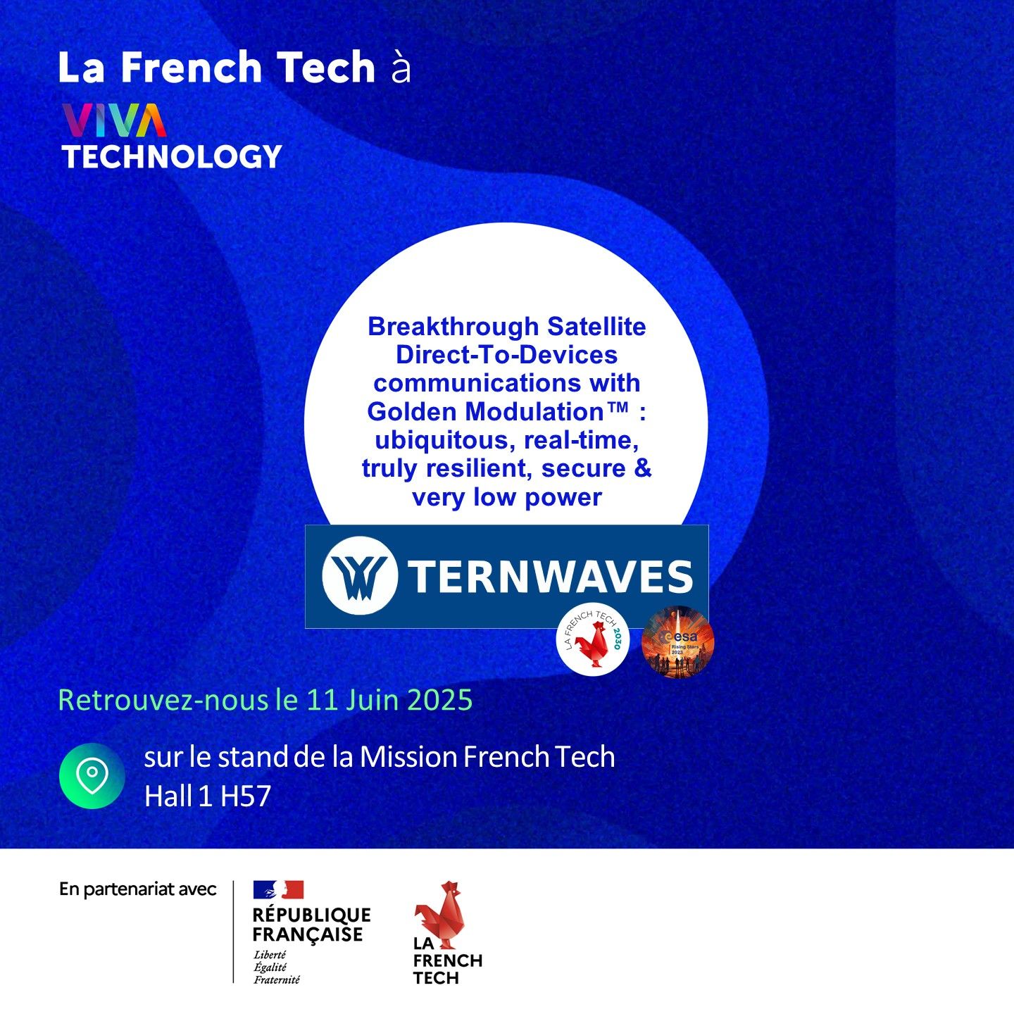 Ternwaves showcasing Golden Modulation satellite Direct-to-Devices technology at VivaTech 2025 on the French Tech Mission booth.